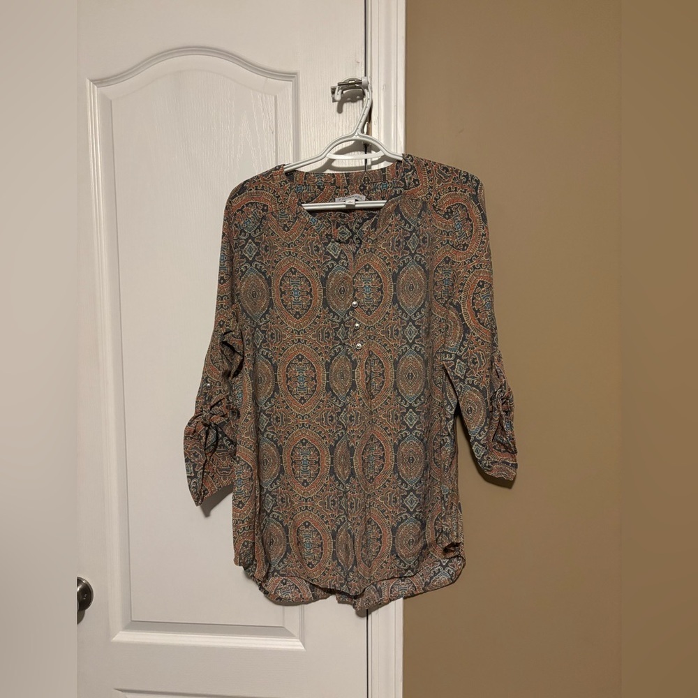 Kim Rogers Paisley Henley Tunic in Rust and Teal 3/4 sleeves Size L Bohemian